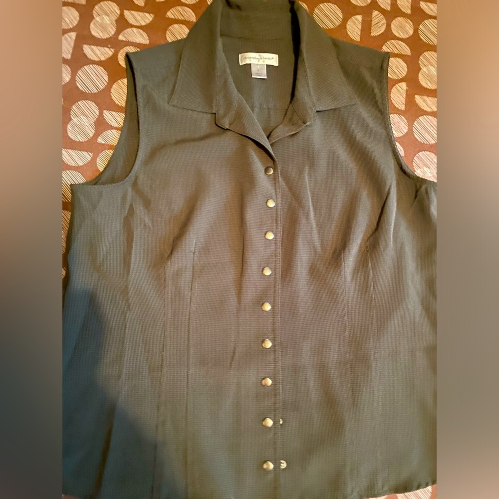 CHRISTOPHER & BANKS Olive Sleeveless Button-Down Top